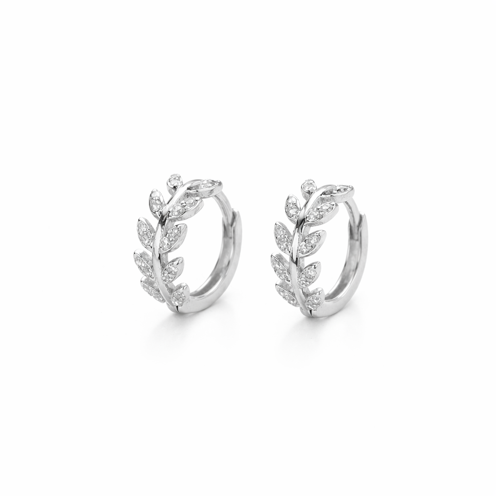 Pendientes Aro Hoja Plateada con Cristales