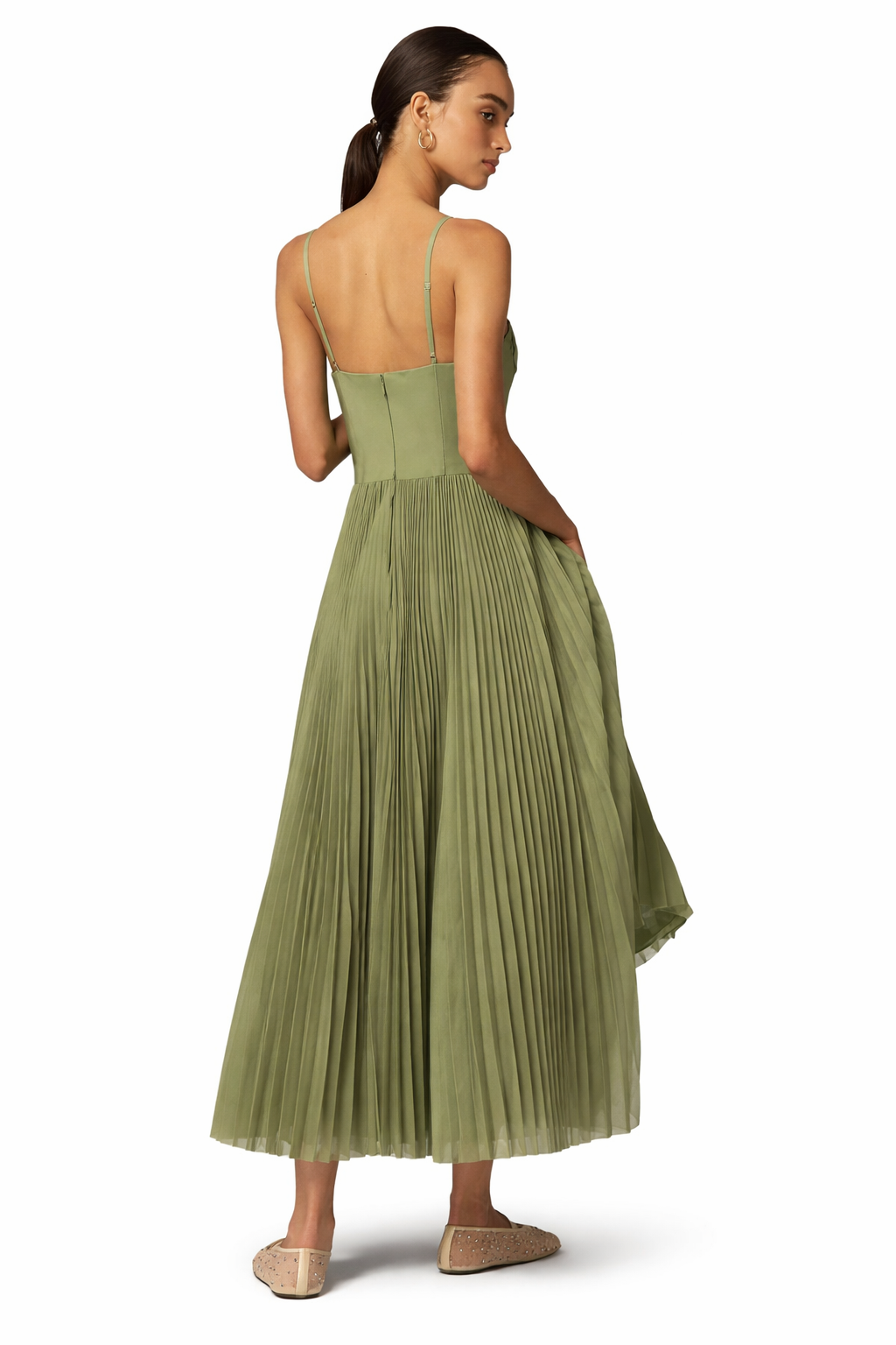 Vestido Midi Verde Oliva Plisado