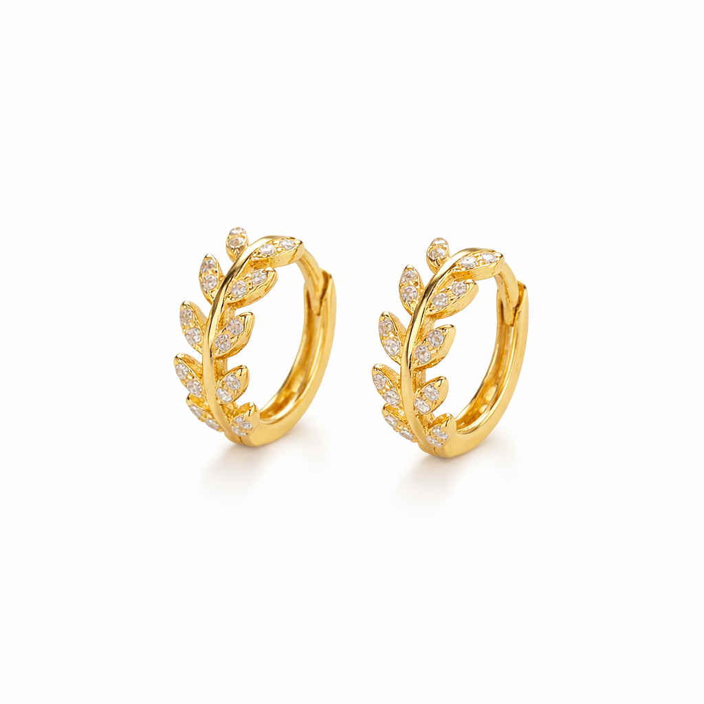 Pendientes Aro Hoja Plateada con Cristales