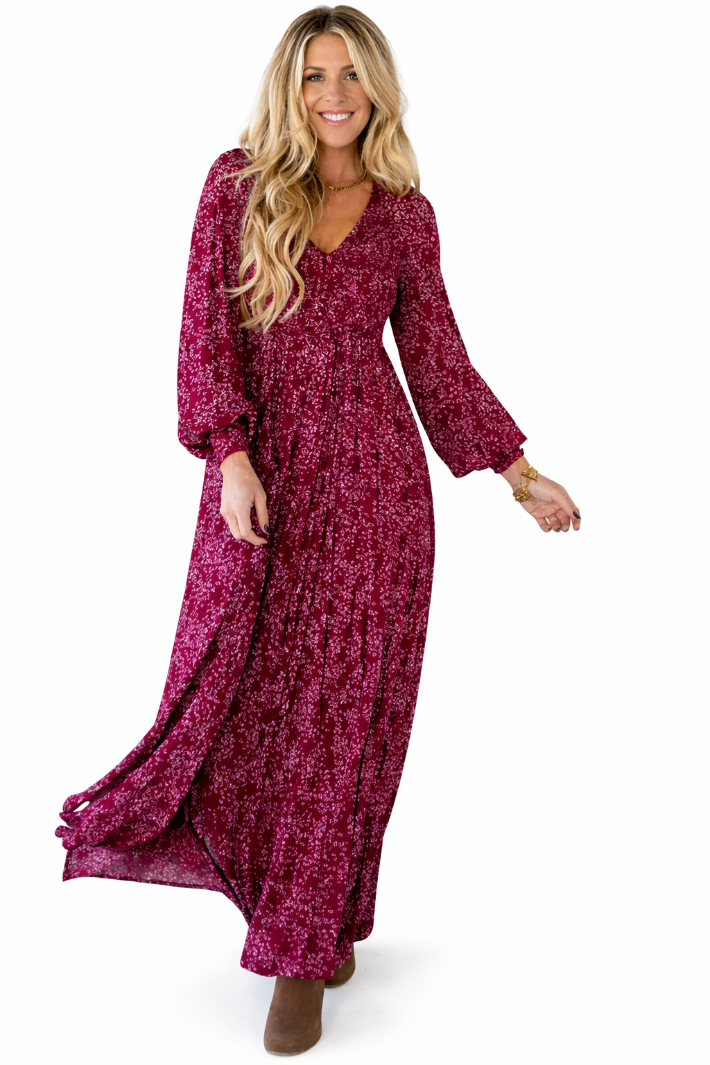 Vestido Largo Burdeos Estampado con Corte Fluido