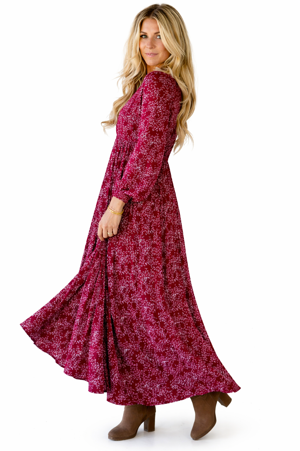 Vestido Largo Burdeos Estampado con Corte Fluido