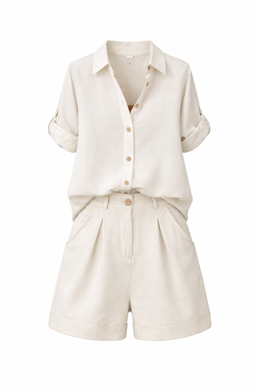 Conjunto Beige de Camisa y Short de Lino