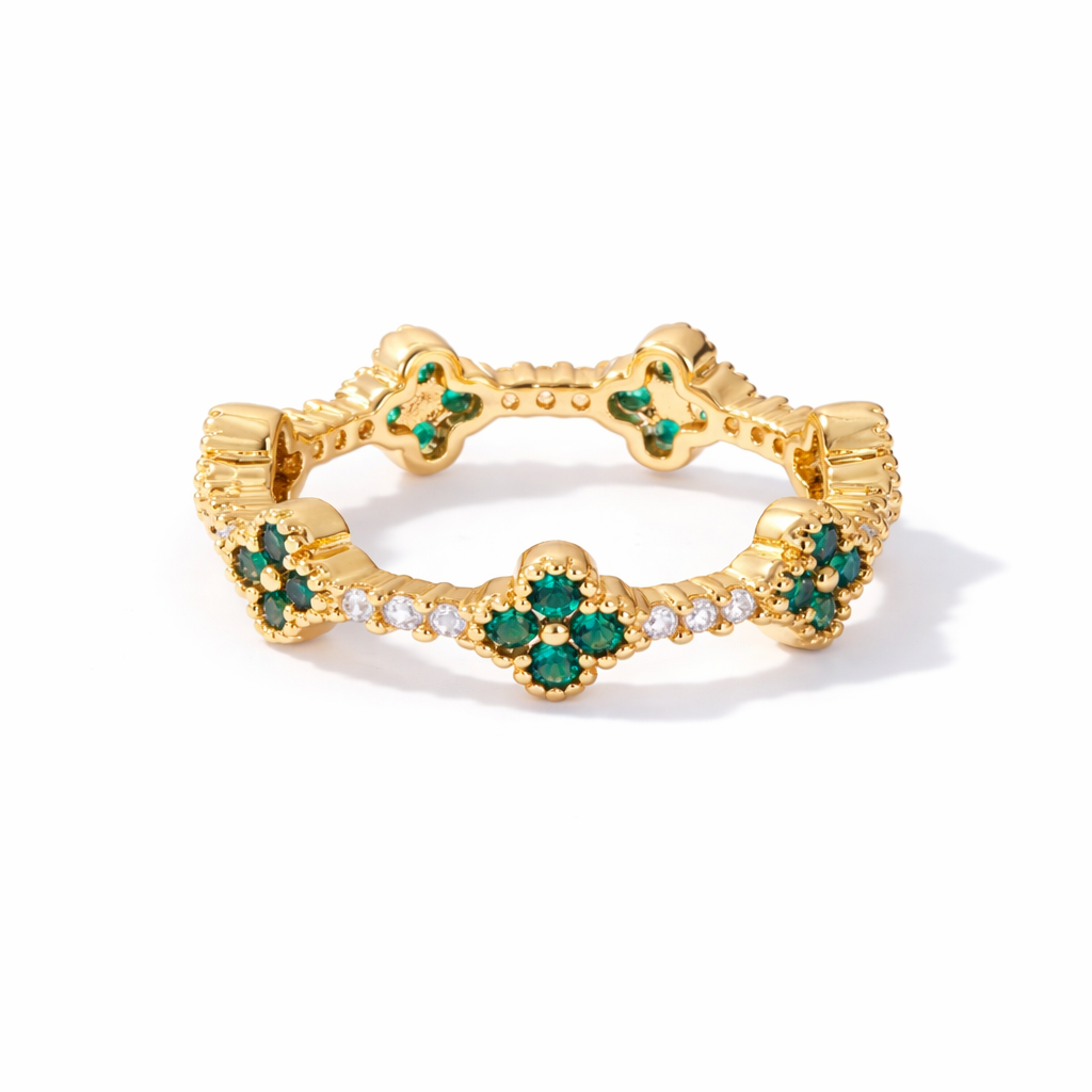 Anillo Dorado con Detalles Verdes