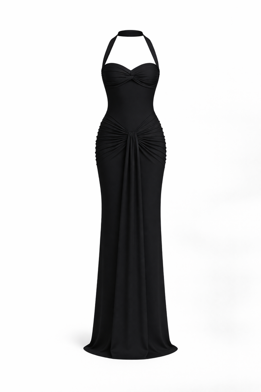 Vestido largo negro con drapeado elegante
