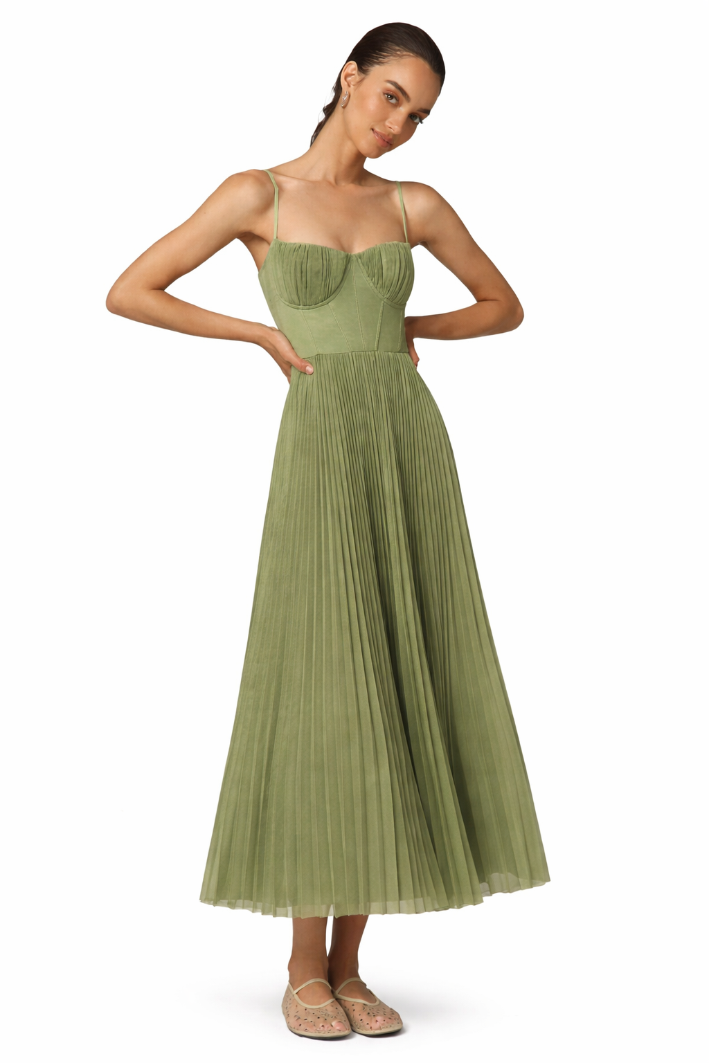 Vestido Midi Verde Oliva Plisado