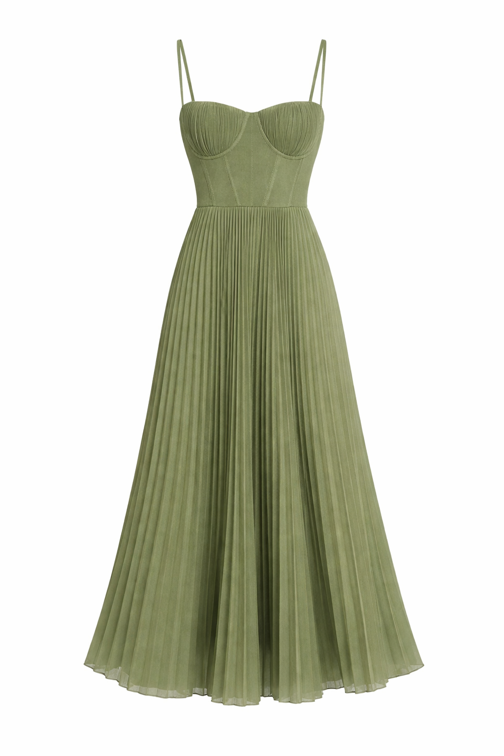 Vestido Midi Verde Oliva Plisado